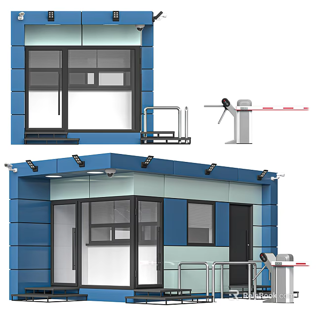 Blue And Gray Building Entrance Gate With Glass Doors Railing And Security Barrier Gate 3d model 