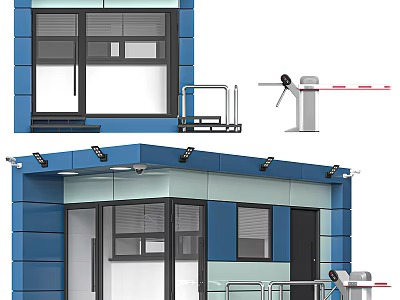 Blue And Gray Building Entrance Gate With Glass Doors Railing And Security Barrier Gate 3d model