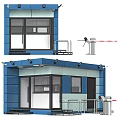 Blue And Gray Building Entrance Gate With Glass Doors Railing And Security Barrier Gate
