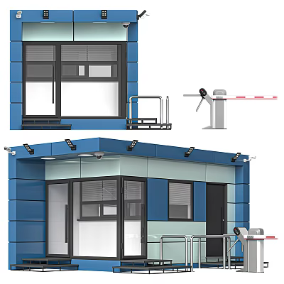Blue And Gray Building Entrance Gate With Glass Doors Railing And Security Barrier Gate 3d model