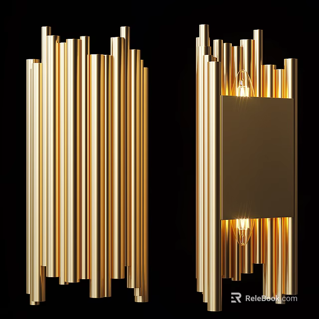 Modern Golden Wall Lamps With Vertical Strips Design Illuminated On Black Background 3d model 