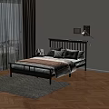 Double Bed with Black Headboard Decorative Pillows Blanket Nightstand Table Lamp Wall Paintings Wooden Floor