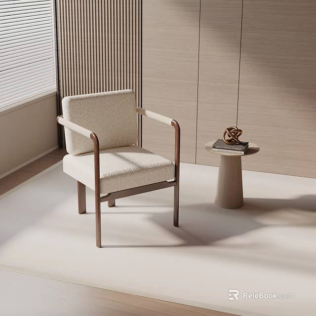 Light Upholstered Accent Chair With Wooden Armrests Small Round Table And Window In Modern Room 3d model 