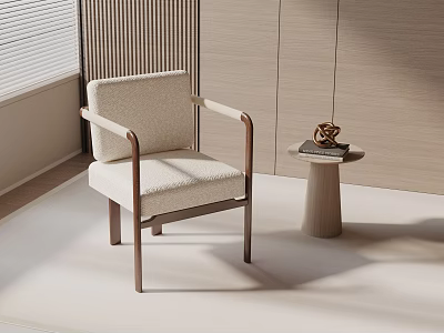 Light Upholstered Accent Chair With Wooden Armrests Small Round Table And Window In Modern Room 3d model