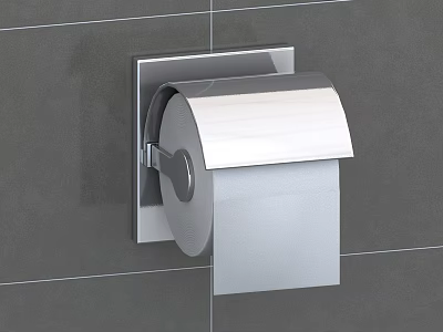 Silver Metal Toilet Paper Holder Mounted on Gray Tiled Wall With Roll 3d model