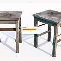 Old Wooden Stools With Worn Surface Square Shape And Green Painted Legs 3d model