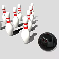 Bowling Sports Equipment with White Red Striped Pins and Black Ball Arranged for Play