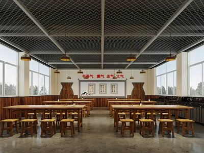 Spacious School Dining Hall With Wooden Tables Stools Grid Ceiling Hanging Lamps And Windows 3d model