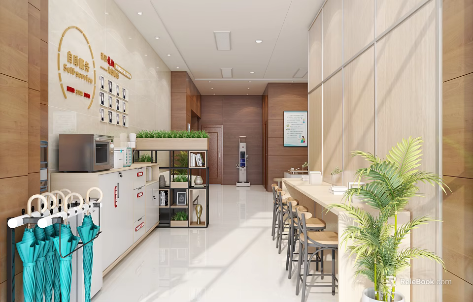 Modern Restaurant Interior With Open Layout Bar Seats Green Plants And Storage Cabinets 3d model 