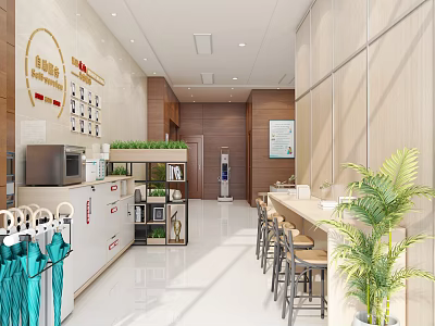 Modern Restaurant Interior With Open Layout Bar Seats Green Plants And Storage Cabinets 3d model