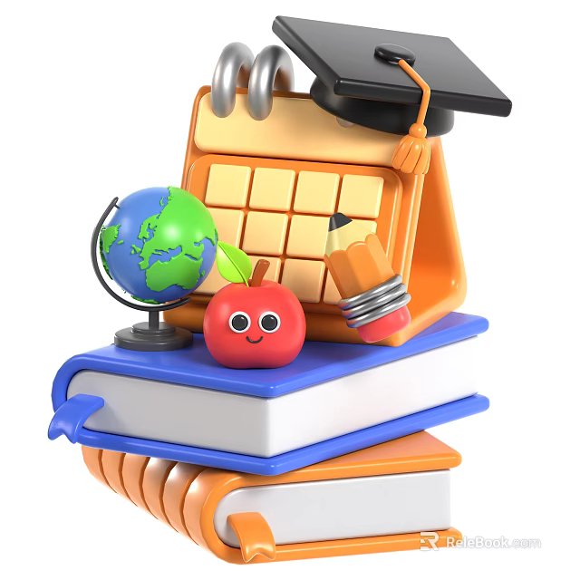 Educational Study Supplies Display With Books Globe Apple Pencil Calendar And Graduation Cap 3d model 