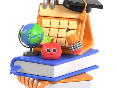 Educational Study Supplies Display With Books Globe Apple Pencil Calendar And Graduation Cap 3d model