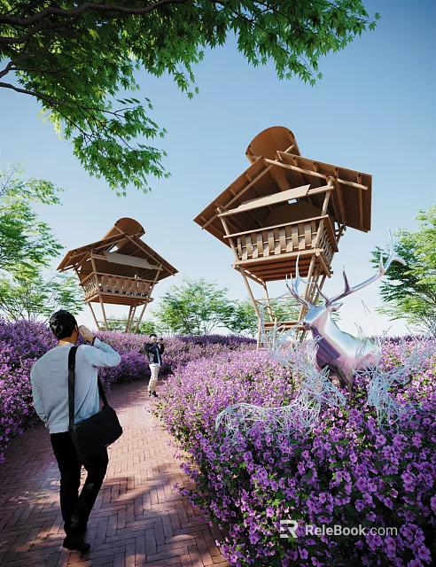 Scenic Pedestrian Walkway With Wooden Rest Pavilions Among Purple Flower Field And Metal Deer Sculpture 3d model 