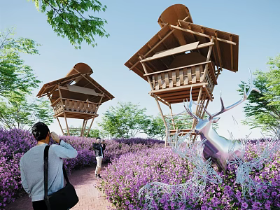 Scenic Pedestrian Walkway With Wooden Rest Pavilions Among Purple Flower Field And Metal Deer Sculpture 3d model