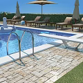 Scenic Backyard Pool Area With Green Hedge Umbrellas Loungers Palm Trees And Swan Decoration