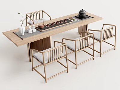 Modern Wooden Tea Table with Matching Chairs and Traditional Tea Set 3d model