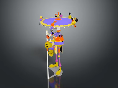 Standing Colorful Character Holding Staff With Decorative Platform And Small Creatures 3d model
