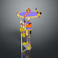 Standing Colorful Character Holding Staff With Decorative Platform And Small Creatures