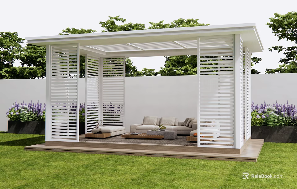 Modern White Garden Pergola with Outdoor Sofa Cushions and Greenery Setting 3d model 