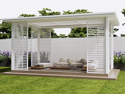 Modern White Garden Pergola with Outdoor Sofa Cushions and Greenery Setting 3d model