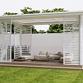 Modern White Garden Pergola with Outdoor Sofa Cushions and Greenery Setting