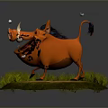 3D Orange Warthog Standing On Cracked Ground With Grass And Flying Small Stones