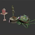 Outdoor Decorative Items With Red Birdhouse Blue Faucet And Wheelbarrow Filled With Flowers