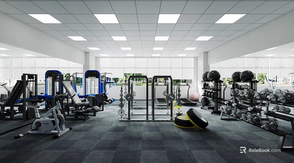 Spacious Fitness Gym Interior With Workout Equipment Dumbbells Barbells And Training Area 3d model 