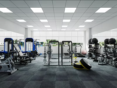 Spacious Fitness Gym Interior With Workout Equipment Dumbbells Barbells And Training Area 3d model