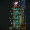 Traditional Multi tiered Pagoda Architecture With Green Roofs Lotus Ornament And Surrounding Plants