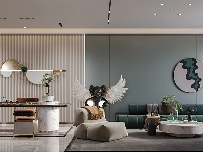 Modern Living Room Interior With Green Sofa Winged Decor Circular Wall Art And Area Rug 3d model