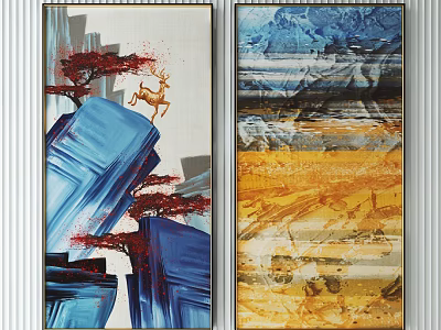 Modern Abstract Paintings With Blue Geometric Shapes Red Trees Deer And Colorful Textures 3d model