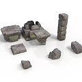 Various Shaped Stone Blocks And Pillars With Table And Scattered Pieces 3d model