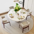 Elegant Round Dining Table Set with Light Colored Chairs Green Plants Vase Candles and Tableware 3d model