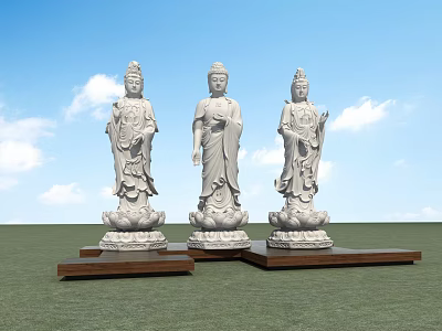 Three Stone Buddha Sculptures With Wooden Pedestals In Green Grassland 3d model