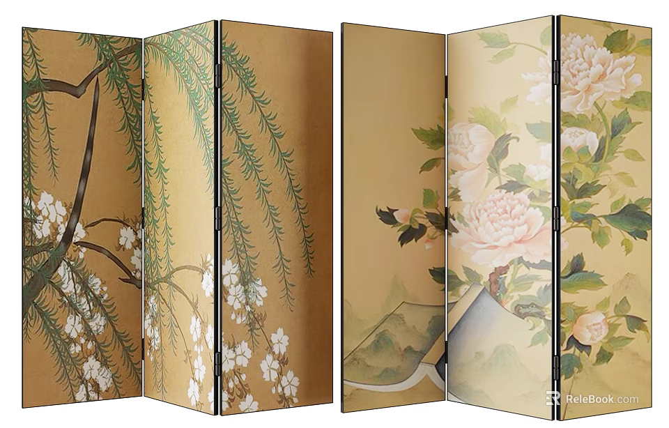 Oriental Decorative Screen Featuring Cherry Blossoms Willow Branches Peony Flowers and Golden Landscape Painting 3d model 