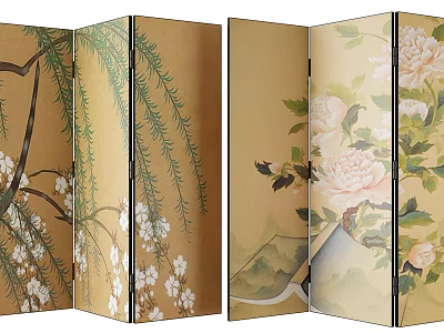 Oriental Decorative Screen Featuring Cherry Blossoms Willow Branches Peony Flowers and Golden Landscape Painting 3d model
