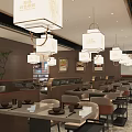 Traditional Chinese Restaurant Interior With Hanging Lanterns Calligraphy Wall And Dining Tables