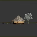 Scenic Rustic Thatched House in Natural Grassland with Tree and Stones