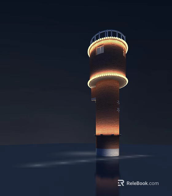 Industrial Equipment Lighthouse Brick Structure Illuminated Lights At Night Over Water Surface 3d model 