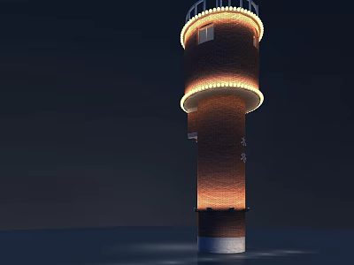 Industrial Equipment Lighthouse Brick Structure Illuminated Lights At Night Over Water Surface 3d model