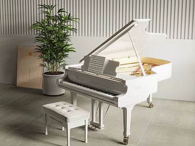 White Grand Piano And Art Paintings In Modern Interior With Green Plant And Bench 3d model