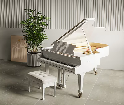 White Grand Piano And Art Paintings In Modern Interior With Green Plant And Bench 3d model