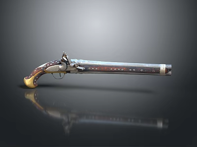 Antique Pistol With Wooden Grip Metal Barrel And Intricate Carvings On Dark Surface 3d model