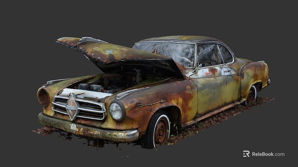Rusty Vintage Classic Car With Open Hood And Fallen Leaves Around 3d model 