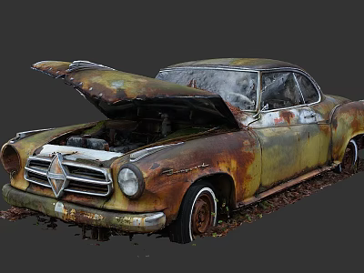 Rusty Vintage Classic Car With Open Hood And Fallen Leaves Around 3d model