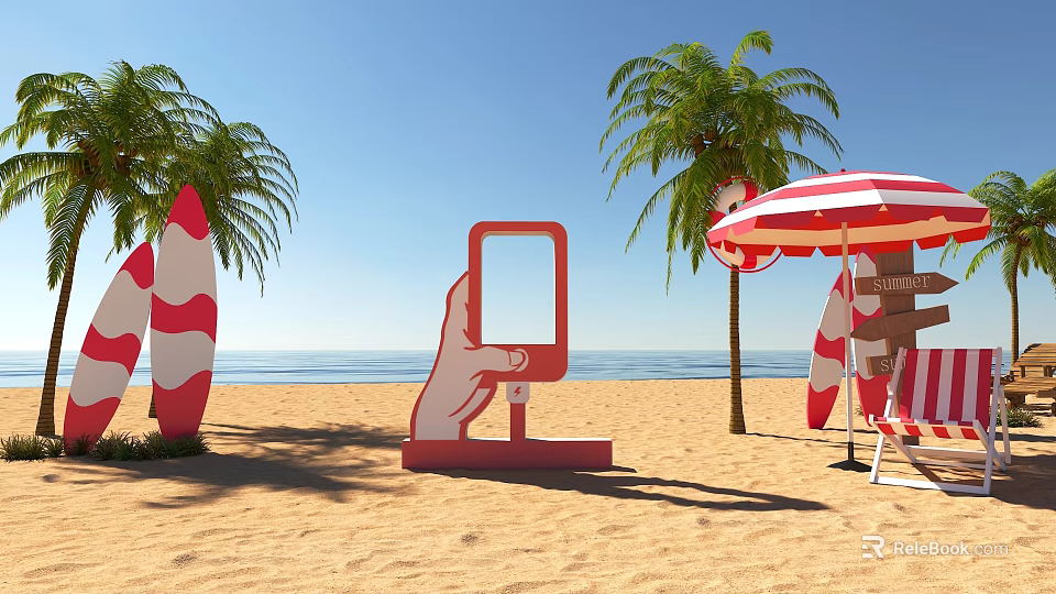 Beach Photo Check In Spot With Palm Trees Ocean View And Red White Umbrella 3d model 