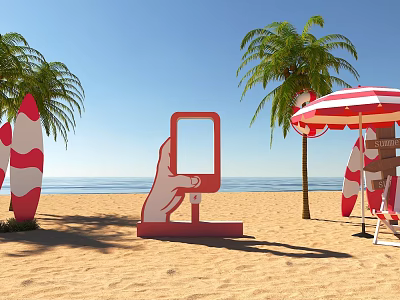 Beach Photo Check In Spot With Palm Trees Ocean View And Red White Umbrella 3d model