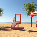 Beach Photo Check In Spot With Palm Trees Ocean View And Red White Umbrella