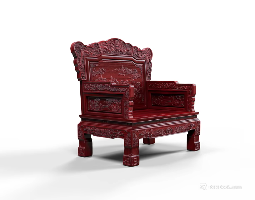 Traditional Chinese Style Red Armchair With Ornate Carved Details On Frame 3d model 